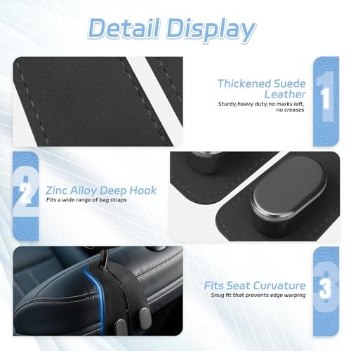 Car Seat Headrest Hooks - 2 Pack Universal Car Purse Hook, Leather Car Bag Purse Holder with Double Metal Hooks for Handbags, Grocery Bags, Bottles, Phones - color: Black