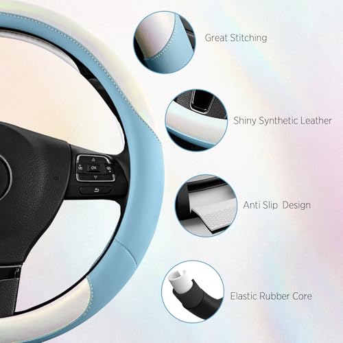 Road Comforts Steering Wheel Cover – Breathable Leather Steering Wheel Cover, Anti-Slip Grip, Universal Fit 14.5” to 15”, Heat & Cold Resistant for Cars, SUVs, and Trucks – Shining White & Blue - color: White&Blue