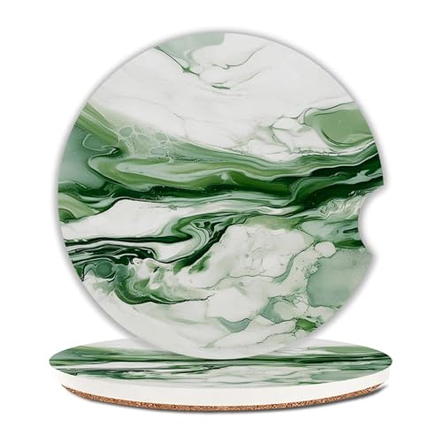 Green Marble Car Coasters Set of 2 for Cup Holder 2.63" Modern Art Absorbent Ceramic Cup Coaster Non-Slip Cork Base Drink Coasters with Finger Notch Car Accessories Interior for Women Men - color: Green