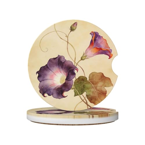 Purple Flowers Withered Leaves 2 Pack Car Cup Holder Coasters Absorbent Ceramic Drink Coasters 2.56" Universal Anti Slip Cup Mat with Finger Notch Auto Accessories Interior for Women Men - color: Dark Purple