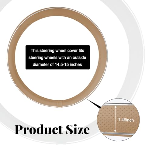 Leather Steering Wheel Cover, Breathable Anti-Slip Car Steering Wheel Protector for Max Diameter 15 Inch, Universal Auto Steering Wheel Cover for Men and Women (Beige)