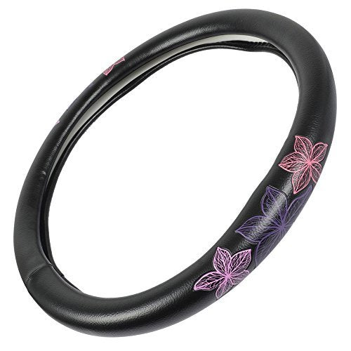 BDK GripGrab Comfort Grip - Purple & Pink Flowers Design on Black Synthetic Leather Steering Wheel Cover 15" - SW-538_AM - color: #20 Black, size: Fits 14.5 - 15" SW