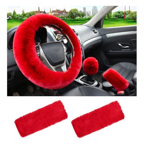 5 PCS Fluffy Steering Wheel Covers Set, Faux Wool Steering Wheel Cover & Handbrake Cover & Gear Shift Cover & 2 Seat Belt Shoulder Pads, Universal Car Accessories (Red) - color: Red