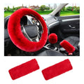 5 PCS Fluffy Steering Wheel Covers Set, Faux Wool Steering Wheel Cover & Handbrake Cover & Gear Shift Cover & 2 Seat Belt Shoulder Pads, Universal Car Accessories (Red) - color: Red