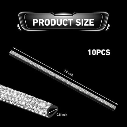 10 PCS Bling Car Vent Outlet Trims, Rhinestone PVC AC Straight Vent Decoration Strip, U-shape Clip-on Trim for Women & Girls, Interior Accessory for Most Vehicles (White)