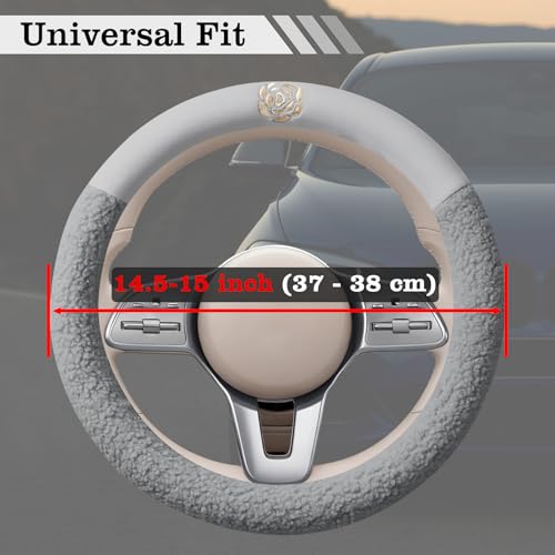 Gray Camellia Lambswool Steering Wheel Cover, for Universal Auto Steering Wheel 14.5-15 in, Lambswool Fabric, Anti-Slip, Soft Plush, Comforting and Luxurious, Embroidery Patterns, Soft Texture - color: Gray