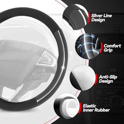 Auto Dynasty Steering Wheel Cover, Breathable Microfiber Leather Car Steering Wheel Protector with Silver Strip, Anti-Slip Inner Rubber Lining, [14 1/2 to 15 Inches] Universal Fit Cars Trucks SUVs - color: Silver Strip