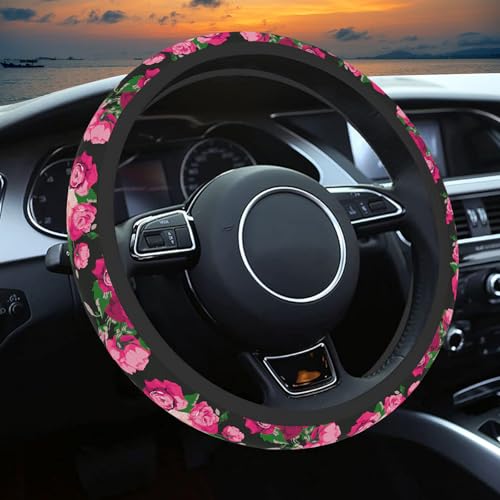 Red Rose Steering Wheel Cover, Cute Print Steering Wheel Cover Protector, Ultra-Thin with Personalized Pattern Design, Car Accessories for Women, for Steering Wheel with a Diameter of 14.5"-15" - color: Red Rose