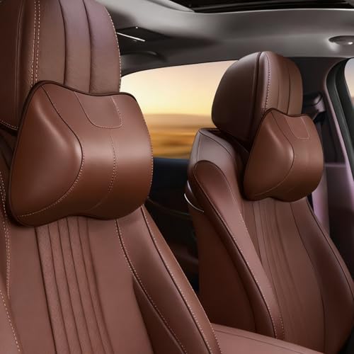 2PCS Leather Memory Foam Car Headrest Pillow Ergonomic Neck Pillow, Universal for Tesla Model Y/3/X/S BMW X3 X5 Lexus TX350 NX350 350h RX350 Volvo XC60 XC90 for Neck Pain Relief(Brown)