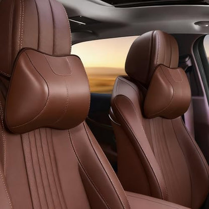 2PCS Leather Memory Foam Car Headrest Pillow Ergonomic Neck Pillow, Universal for Tesla Model Y/3/X/S BMW X3 X5 Lexus TX350 NX350 350h RX350 Volvo XC60 XC90 for Neck Pain Relief(Brown)