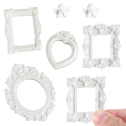 6 Pcs Miniature Picture Frame Decor Set, 1:12 Scale White Mini Frames with Angel Accents for Adult Collectors, DIY Diorama and Model Room Decor (White) - color: White Frames