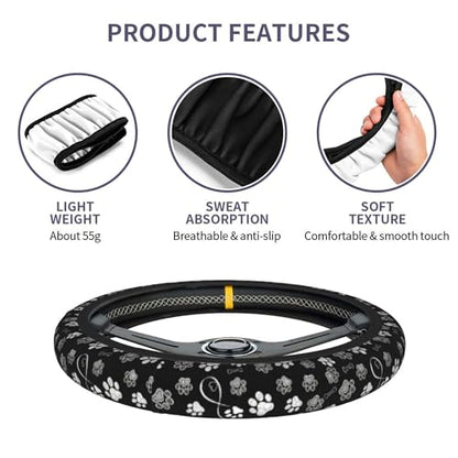 Paw Print Steering Wheel Cover - Black White Dog Paw Steering Wheel Paw Print Car Cup Holder Pad 2 Pack 15 Inch Cute Steering Wheel Cover Women Men Anti Slip Breathable Wheel Cover - color: Dog claw