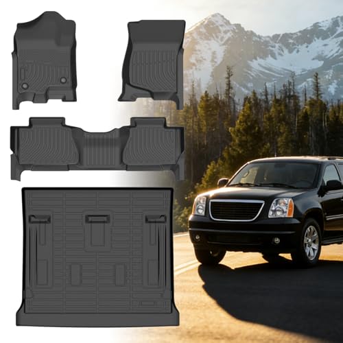 Floor Mats for Chevy Tahoe 2007 2008 2009 2010 2011 2012-2014 & GMC Yukon Bench (NOT fit XL or Hybrid), for Chevrolet Tahoe Floor Mats 1st & 2nd Row & Cargo Liner, 8 Seats, TPE Summer Winter - style: 4)2007-2014|Tahoe 8 Seats|Floor&Cargo Mats