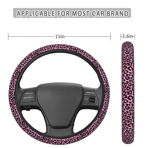 Retro Pink and Black Leopard Print Steering Wheel Cover for Women Men, Non-Slip Steering Wheel Protector Car Wheel Covers, Universal 15 Inch Fit for Auto, Suvs, Truck - color: Retro Pink And Black Leopard Print