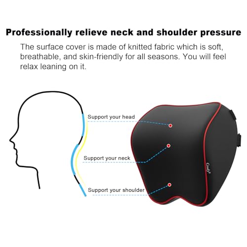 Crofy 2 Pack Car Neck Pillow, Softness Car Headrest Pillow for Driving with Adjustable Strap, 100% Memory Foam and Breathable Removable Cover, Comfortable Ergonomic Design, Black & Red - color: Black & Red