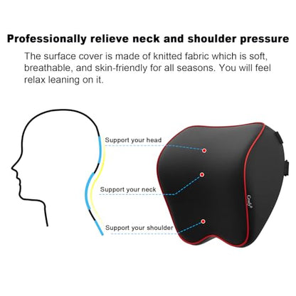 Crofy 2 Pack Car Neck Pillow, Softness Car Headrest Pillow for Driving with Adjustable Strap, 100% Memory Foam and Breathable Removable Cover, Comfortable Ergonomic Design, Black & Red - color: Black & Red