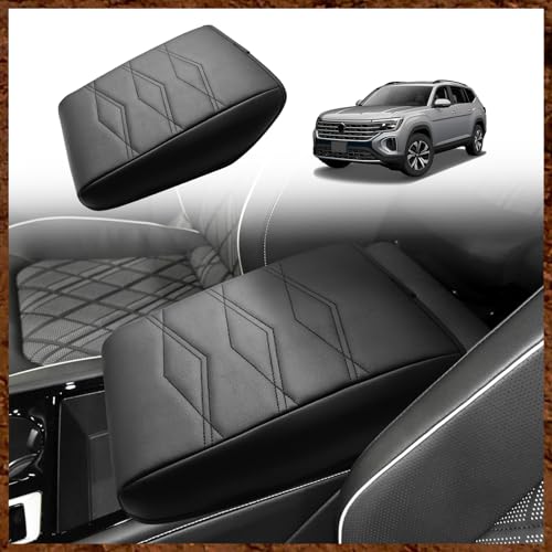 Center Console Armrest Cover Fit for Volkswagen Atlas & Cross Sport 2024-2026 Accessories, Comfort Armrest Pad Console Lid Cushion Vegan Leather Regular Thick (V1_Black) - size: 20) 24+ |Atlas| V1 Black, Regular