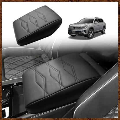Center Console Armrest Cover Fit for Volkswagen Atlas & Cross Sport 2024-2026 Accessories, Comfort Armrest Pad Console Lid Cushion Vegan Leather Regular Thick (V1_Black) - size: 20) 24+ |Atlas| V1 Black, Regular