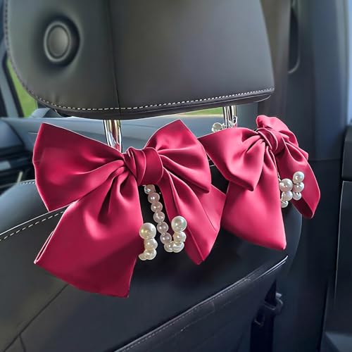 2 PCS Bow Pearl Car Seat Headrest Hook – Cute Purse Hook for Car, Girly Interior Decoration Accessories Hook Hanger, Seatback Holder for Purses & Bags, Elegant Car Organizer (Berry Fuchsia) - color: Berry Fuchsia