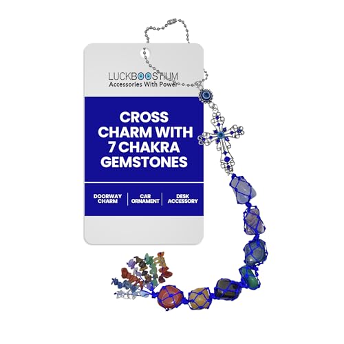 LUCKBOOSTIUM Evil Eye Cross with 7 Chakra Hanging Charm and Gemstones - Evil Eye Keychain for Divine Protection, Decorative Spiritual Car Rear View Mirror Accessories, Purse, Home and Office Ornaments - color: Cross Evil Eye
