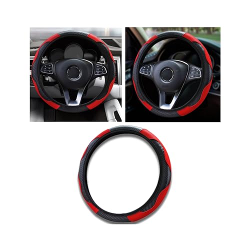 Car Steering Wheel Cover, 15 inch Carbon Fiber Microfiber PU Leather Elastic Steering Wheel Protector for Unisex, Anti-Slip Breathable Car Interior Accessories for Most Cars (Red) - color: Red