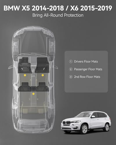 3W Floor Mats Custom Fit for BMW X5 (F15) 2014-2018 / BMW X6 (F16) 2015-2019, All Weather TPE Floor Liner 1st & 2nd Row Accessories Car Mats - style: 3) X5 2014-2018 | X6 2015-2019 | Floor Mats