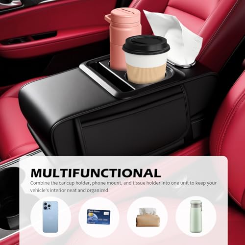 5-in-1 Car Armrest Storage Box,Multifunctional PU Leather Organizer with Phone Holder & Cup Holder & Side Pockets,Universal Car Armrest Cushion Fit for Most Cars SUVs