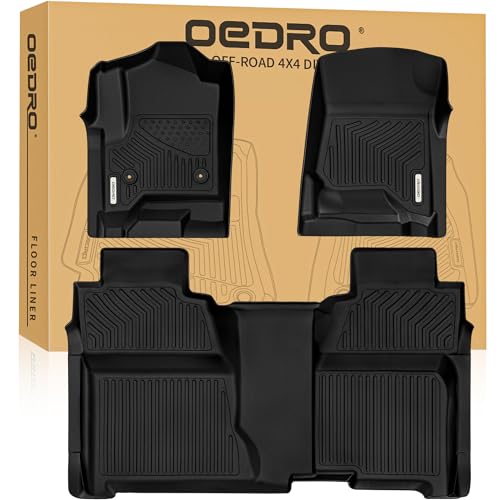OEDRO Floor Mats Fits for 2014-2018 Chevy Silverado/GMC Sierra 1500 Crew Cab, 2015-2019 Silverado/Sierra 2500 HD/3500 HD Crew Cab, Black TPE All Weather 2 Row Floor Liner Set (Front & 2nd Seat)
