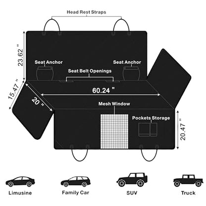 Dog Car Seat Cover, Waterproof Nonslip Pet Seat Cover for Back Seat with Storage Pockets Mesh Visual Window, Scratch Proof Pet Dog Seat Cover Hammock for Cars Trucks and SUVs, XL-Black