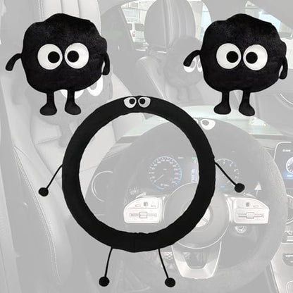Car Headrest Pillow & Steering Wheel Cover Set with Cute Big-Eyed Furball Travel Neck Support Pillow Fur Car Interior Accessory (Black 3Pcs Set) - color: Black 3pcs Set