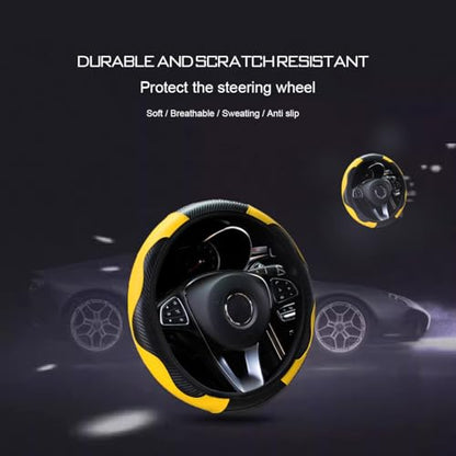 Ultra Fine Carbon Fiber Leather Steering Wheel Cover, Anti Slip and Sun Protective Protect The Steering Wheel, Easy to Install,Universal of 14.5"-15" (Yellow) - color: Yellow