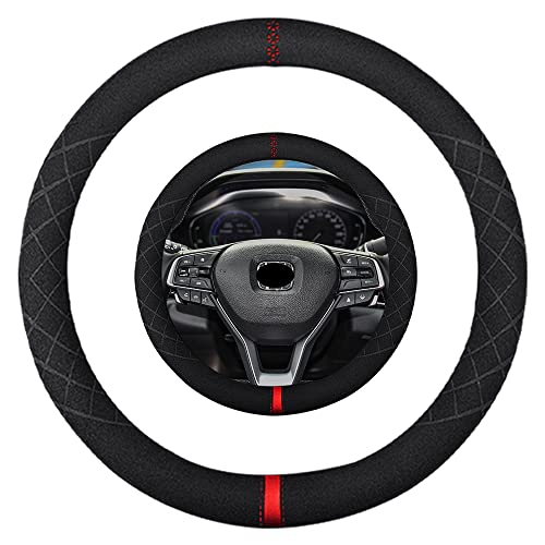 Suede Steering Wheel Cover,Compatible with Honda Accord Civic CR-V Pilot Odyssey Fit Ridgeline Suede Leather Sport Non-Slip Wheel Cover Car Interior Accessories 15 inch for Man and Women - color: Fit Honda O Shape Suede Red Mark in Black, size: 15 inch