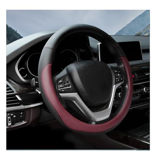 Leather Steering Wheel Cover, Anti-Slip Full Surround Car Wheel Protector with Comfortable Grip, Universal Elastic Decorative Cover Fit for 14 1/2-15 Inch Steering Wheels (Wine Red) - color: Wine Red