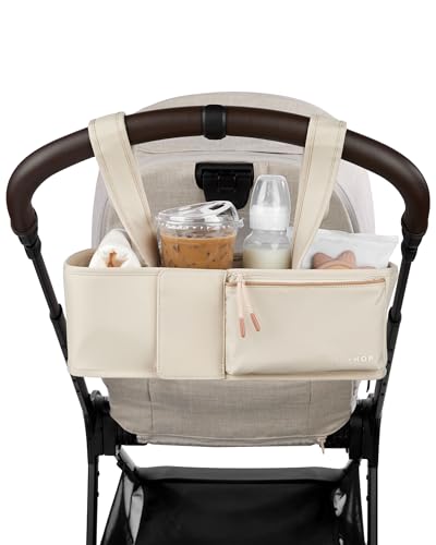 Skip Hop Ultimate Stroller Organizer Universal Fit with Adjustable Straps, Magnetic Flaps and Convertible Design that fits 40 oz. Tumblers, Oat - color: Oat