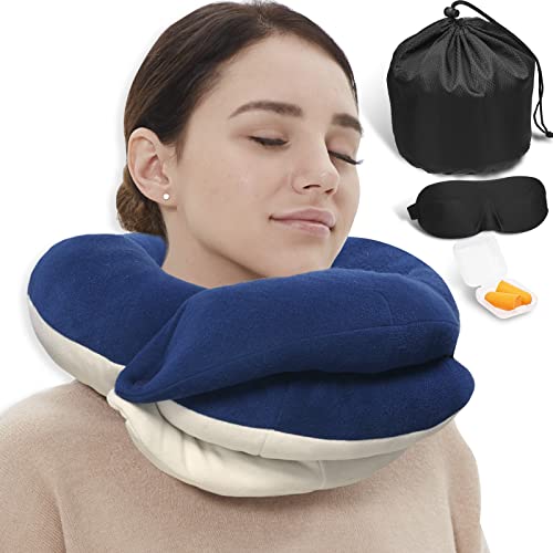 BUYUE Travel Neck Pillows for Airplanes, Memory Foam 360° Head Support Sleep for Long Flight, Skin-Friendly & Breathable, Kit with Eye Mask, Earplugs and Storage Bag (Adult, Navy, 90+ lbs) - color: Navy Blue, size: Adult