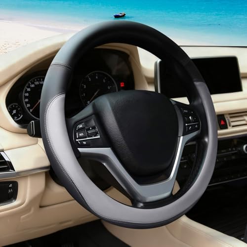 Gray Car Steering Wheel Cover, Nappa Leather, Bottom Color Blocking, Universal 14.5-15 Inch Leather Anti-Slip Breathable Auto Steering Wheel Covers for Men Women - color: Gray