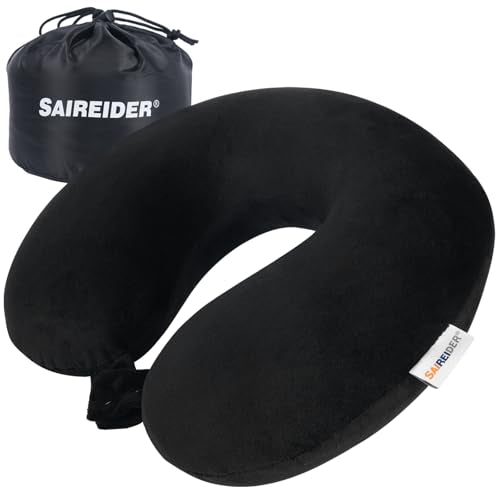 SAIREIDER Travel Pillow 100% Pure Memory Foam Travel Neck Pillow with Storage Bag, Airplane Pillow for Traveling、Car、Home、Office，Washable Cover（Black） - color: Black(storage Bag)