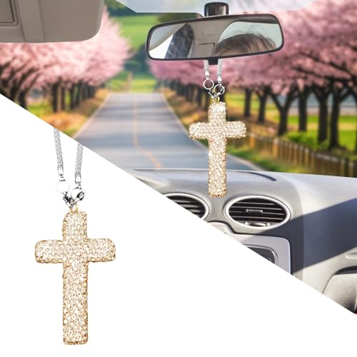 starfa lab Bling Car Rear View Mirror Accessories Hanging Pendant,Cross Crystal Rhinestone For Car Mirror Hanging,Double-Sided Cross Diamond Religious,Interior Men Women Car Accessories - color: Gold