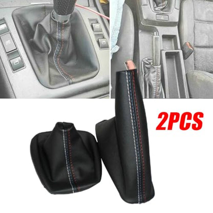 Car Gear Shift Knob Cover + Manual Handbrake Gaiter Boot Leather Cover for BMW 3 Series E30 E34 E36 E46 E46 M3 Z3,Auto Shifter Shift Boot Cover Accessories