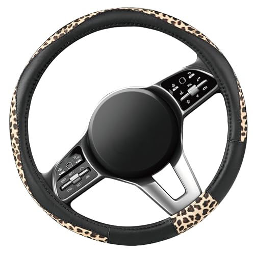 Road Comforts Steering Wheel Cover - Made with PVC Leather and Leopard Fabric - Universal 14 1/2 inches to 15 inches for Most Automotive Steering Wheel - Cheetah Print - Black