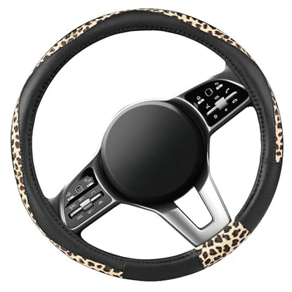 Road Comforts Steering Wheel Cover - Made with PVC Leather and Leopard Fabric - Universal 14 1/2 inches to 15 inches for Most Automotive Steering Wheel - Cheetah Print - Black