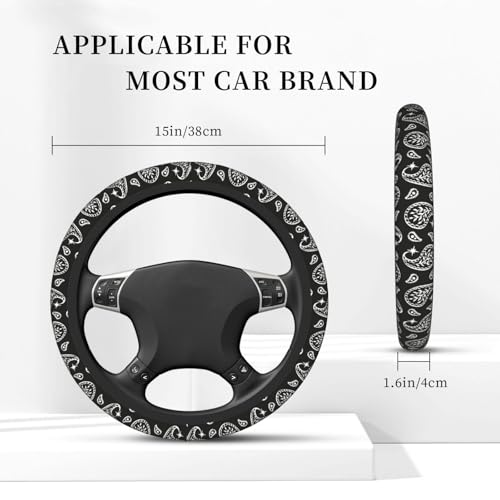Boho Bohemian Paisley Black and White Car Steering Wheel Cover,Non-Slip Elastic Neoprene-Sweat Car Accessories,Universal 15 Inch Fit Auto, Vans Trucks,Suvs, Truck - color: Paisley
