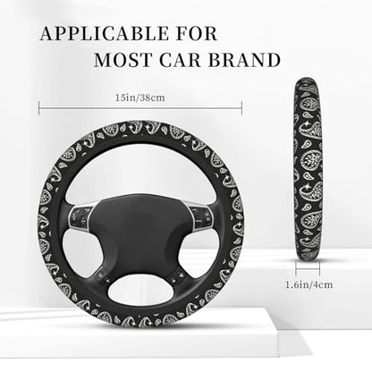 Boho Bohemian Paisley Black and White Car Steering Wheel Cover,Non-Slip Elastic Neoprene-Sweat Car Accessories,Universal 15 Inch Fit Auto, Vans Trucks,Suvs, Truck - color: Paisley