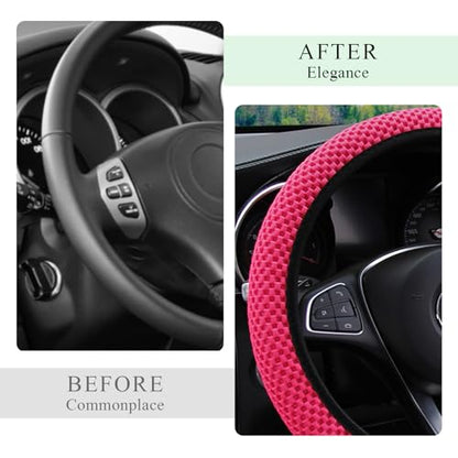Yourkar Elastic Steering Wheel Cover, 15"×15" Comfy Breathable Stretch Steering Wheel Protector, Ice-Silk Cloth Polyester Steering Wheel Cover for Men Women, Car Accessories (Rose Red) - color: Rose Red