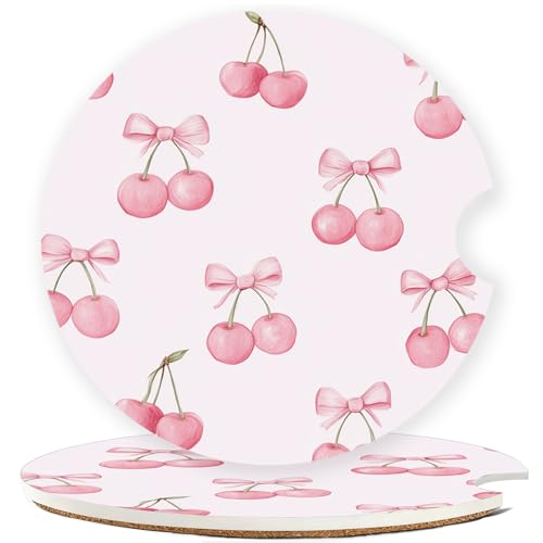 Car Cup Holder Coaster Set of 2, 2.56 in Ceramic Coasters, Scratch-Resistant Cork Backing, Finger Groove Design for Easy Placement, Cute Car Accessories Interior for Women (Pink Bow Cherry) - color: Pink Bow Cherry