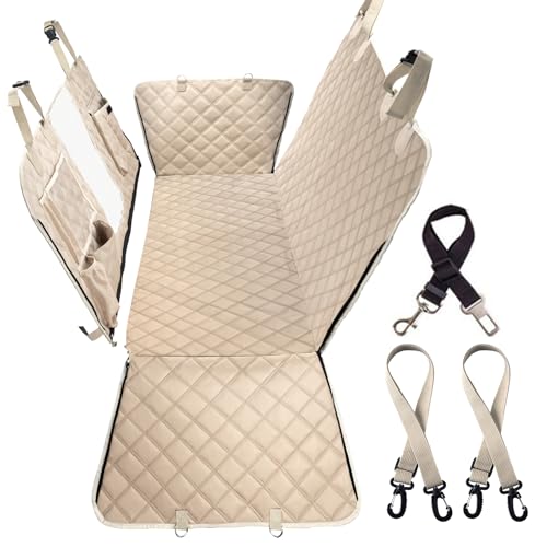 Bark Lover Dog Car Seat Cover for Back Seat, Dog Hammock for Car, Waterproof Backseat Cover for Dogs in Car SUV & Truck, with Mesh Window and Multiple Pockets - color: Beige, size: XLarge 58"W x 64" L