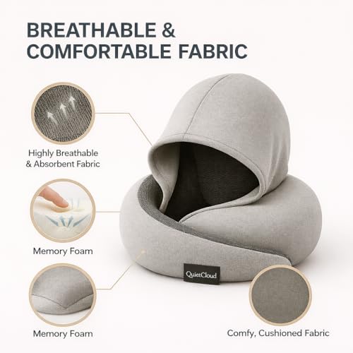 Travel Neck Pillow Hooded Memory Foam 360° Head & Chin Support, Lightweight Breathable Adjustable Fit Travel Neck Pillow with Eye Mask, Earplugs & Carry Bag for Airplanes, Car, Bus, Train & Long Trips