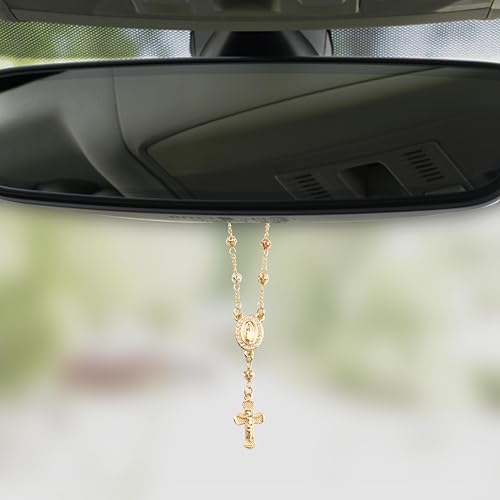 Gold Plated Beads Catholic Guadalupe Car Rearview Mirror Rosary Hanging Charm Chain for Women with Gift Box - color: Hollow beads