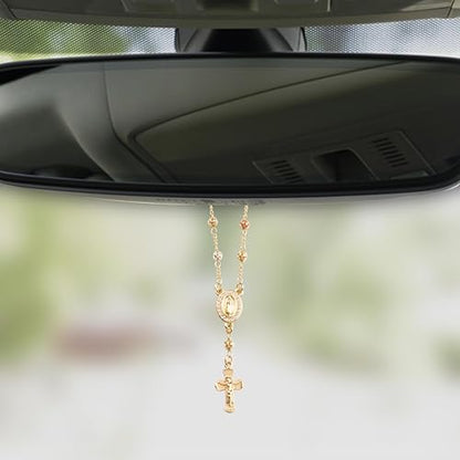 Gold Plated Beads Catholic Guadalupe Car Rearview Mirror Rosary Hanging Charm Chain for Women with Gift Box - color: Hollow beads