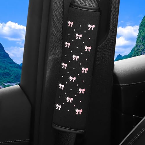 Bling Car Seat Belt Cover, 2PCS Rhinestone Cute Bow Comfort Vehicle Seatbelt Shoulder Pad, Diamond Automotive Interior Harness Neck Cushion Protector Accessories, Universal Fit (Pink)